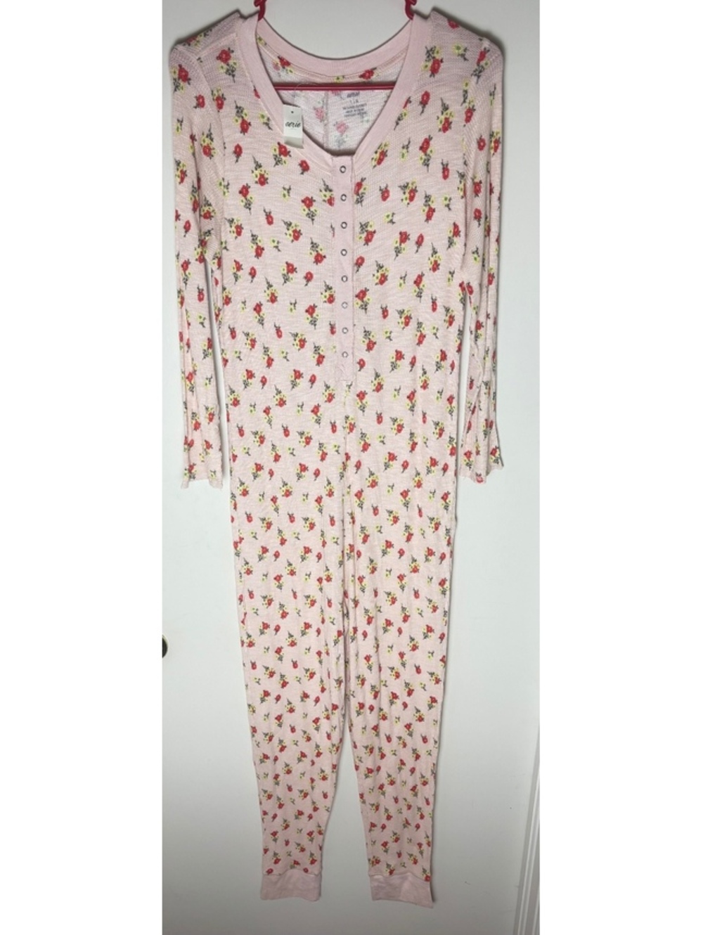 Aerie Floral Waffle Knit Henley Union Suit Pajamas Pink Large NWT